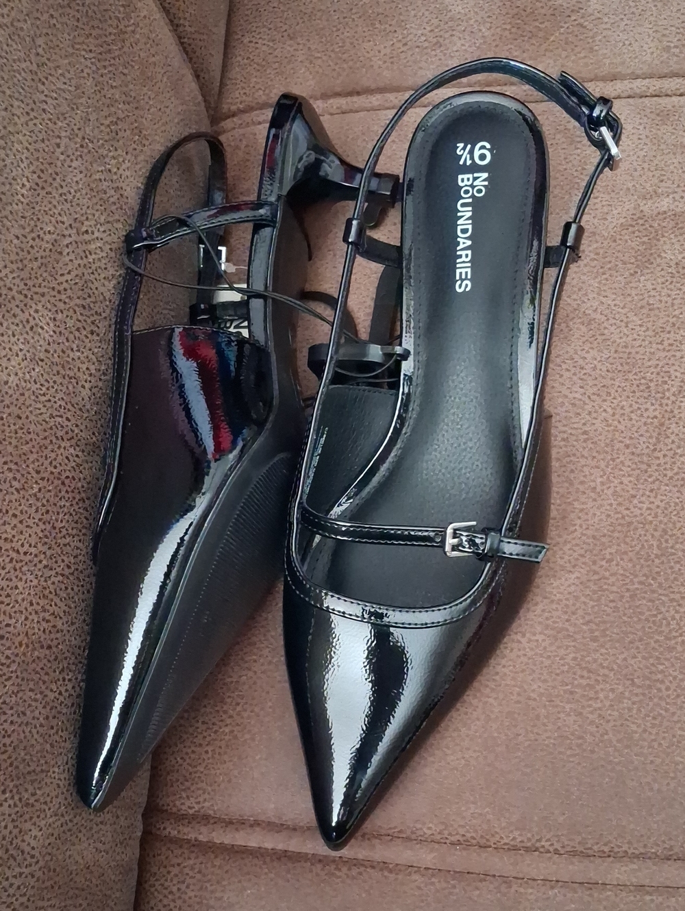 No Boundaries Black Patent Pointed Toe Kitten Heel Slingback Flats Size 9 1/2